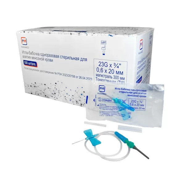 Игла-бабочка Paramed с луер-адаптером, 100 штук в упаковке