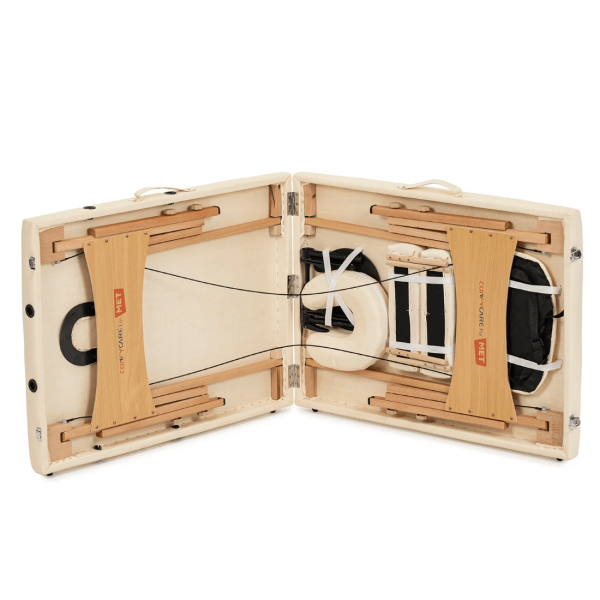 Стол массажный MET Comfort W2, артикул 18452, 2-х секционный складной на буковом каркасе с регулировкой высоты, кремовый Стол массажный MET Comfort W2, артикул 18452, 2-х секционный складной на буковом каркасе с регулировкой высоты, кремовый