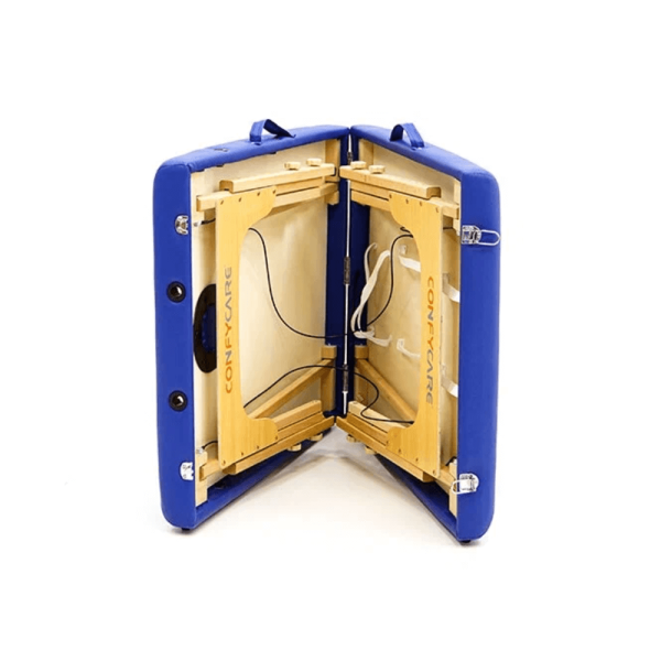 Стол массажный MET Comfort W2, артикул 18862, 2-х секционный складной на буковом каркасе с регулировкой высоты, синий Стол массажный MET Comfort W2, артикул 18862, 2-х секционный складной на буковом каркасе с регулировкой высоты, синий